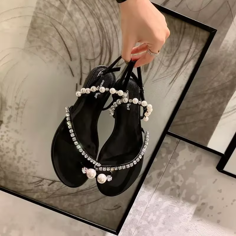 Sandalias de tiras mujer estilo hada con perlas – Suela plana verano