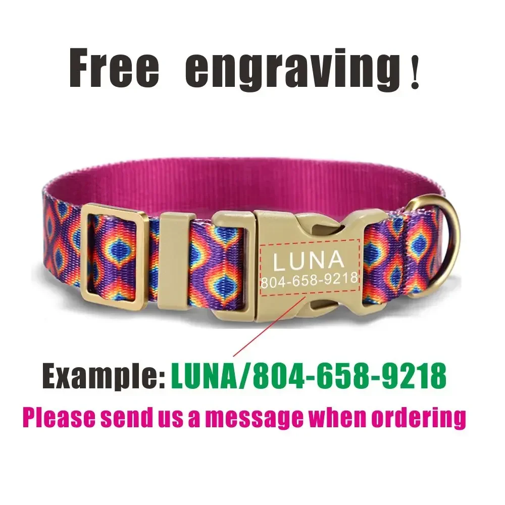 Collar para mascotas personalizado, identificación de placa de identificación personalizada, ajustable, pavo real morado, fibra suave, collares para perros y gatos, correa de plomo - imagen 4