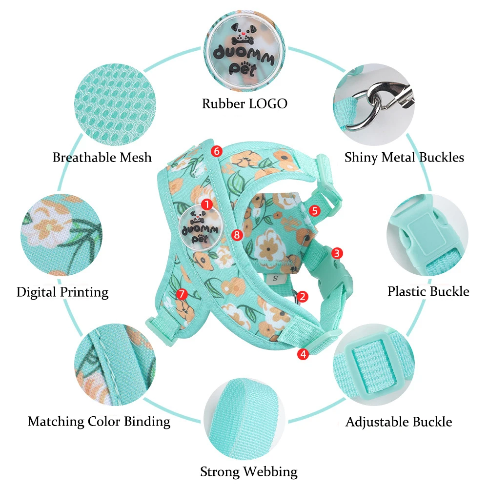 Arnés Floral para perros pequeños, sin tirones, en forma de X, arnés para cachorros, arnés de seguridad suave para el pecho para mascotas con correa para caminar - imagen 3