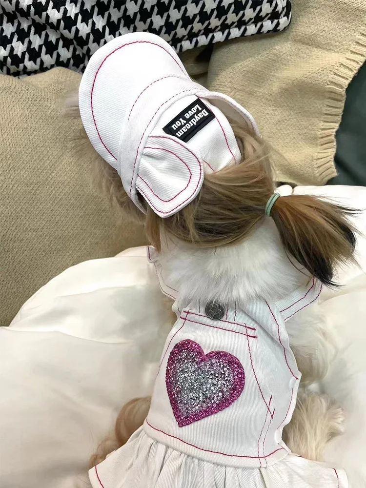 Falda de tirantes de lujo para perros pequeños, tela vaquera blanca con sombrero, ropa para mascotas de primavera y verano, ropa para mascotas Yorkshire maltés para perros y niñas, vestido para cachorros