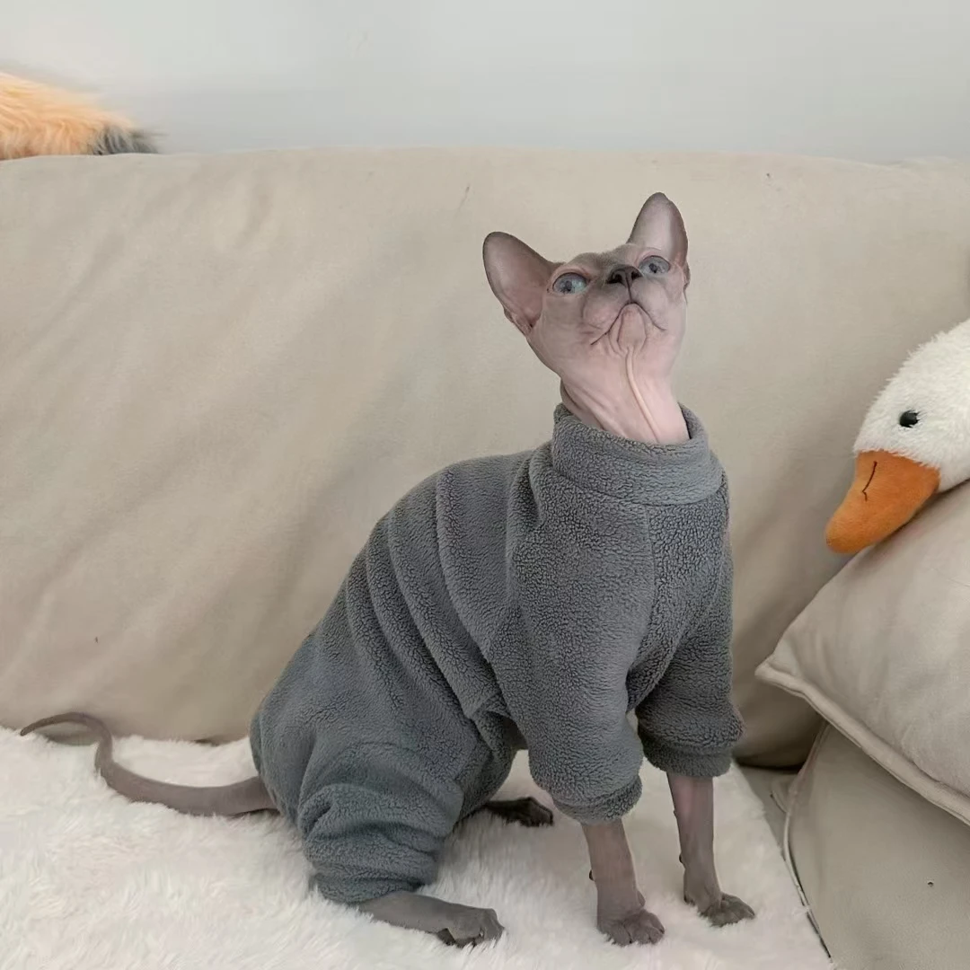 Dulce traje de invierno para gatas gruesas 4 patas Abrigo polar gris grueso de 4 patas Chaqueta de chaleco con lazo blanco para gatitos Mono suave para gato sin pelo - imagen 4