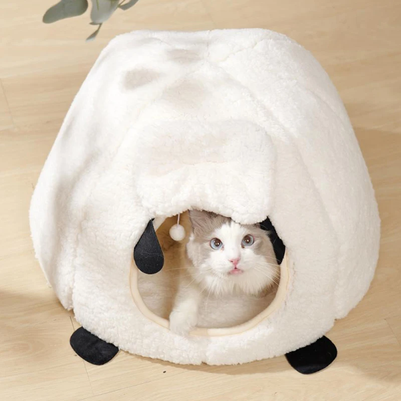 BOOTEELY-casa para gatos tridimensional semicerrada con forma de oveja, cálida, para invierno, cama Universal para gatos para las cuatro estaciones - imagen 3
