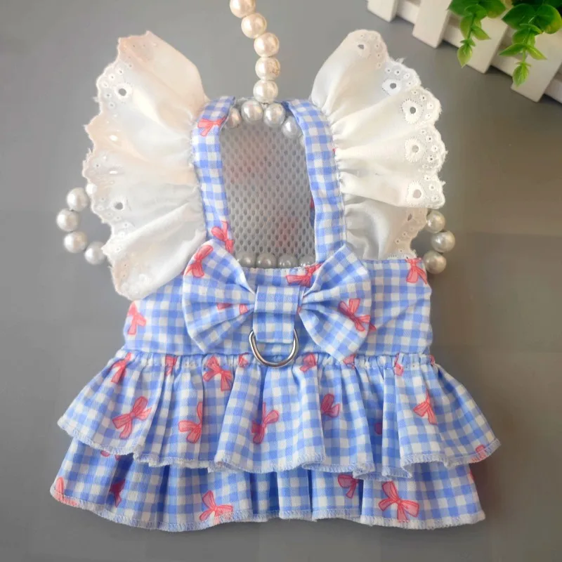 Ropa para perros, vestido de malla de verano, falda con arnés sin tirones y lazo azul para perros pequeños, ropa para perros Chihuahua, disfraz, vestidos para cachorros y niñas XS - imagen 2