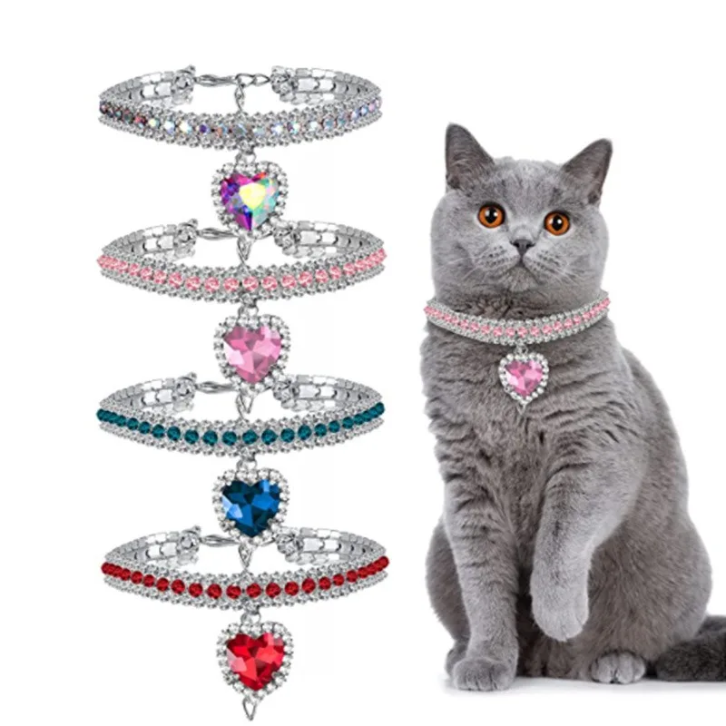 Collar de gato con forma de lágrima en forma de corazón, productos decorativos de lujo para cuello de mascota, bonito colgante de cristal ostentoso para perro, Collar de diamante