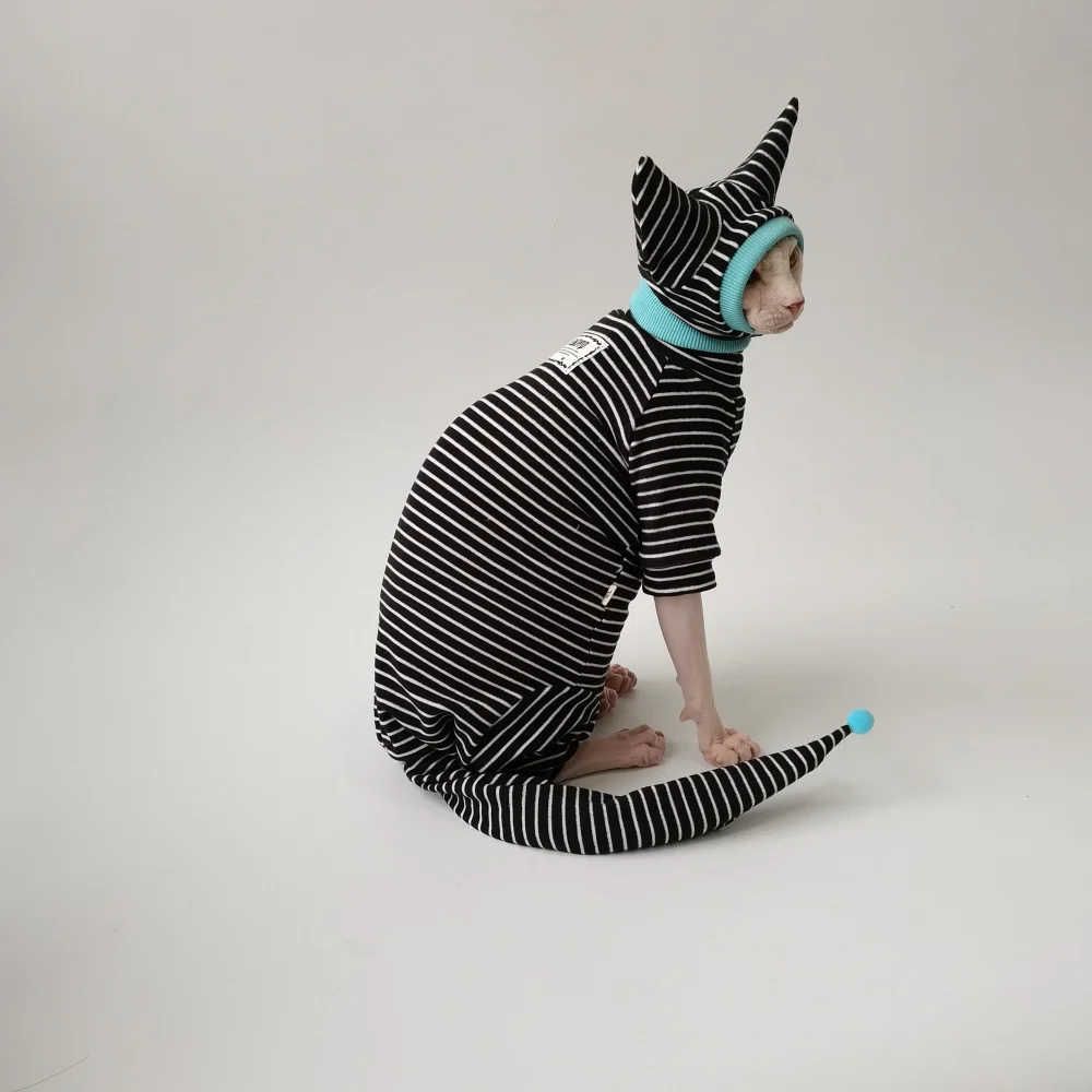 Camisa de rayas de cuatro patas Sombrero Cubierta de cola Traje para Sphynx Cat Sudadera negra de primavera para gatitos Disfraces de otoño cálidos sin pelo - imagen 5