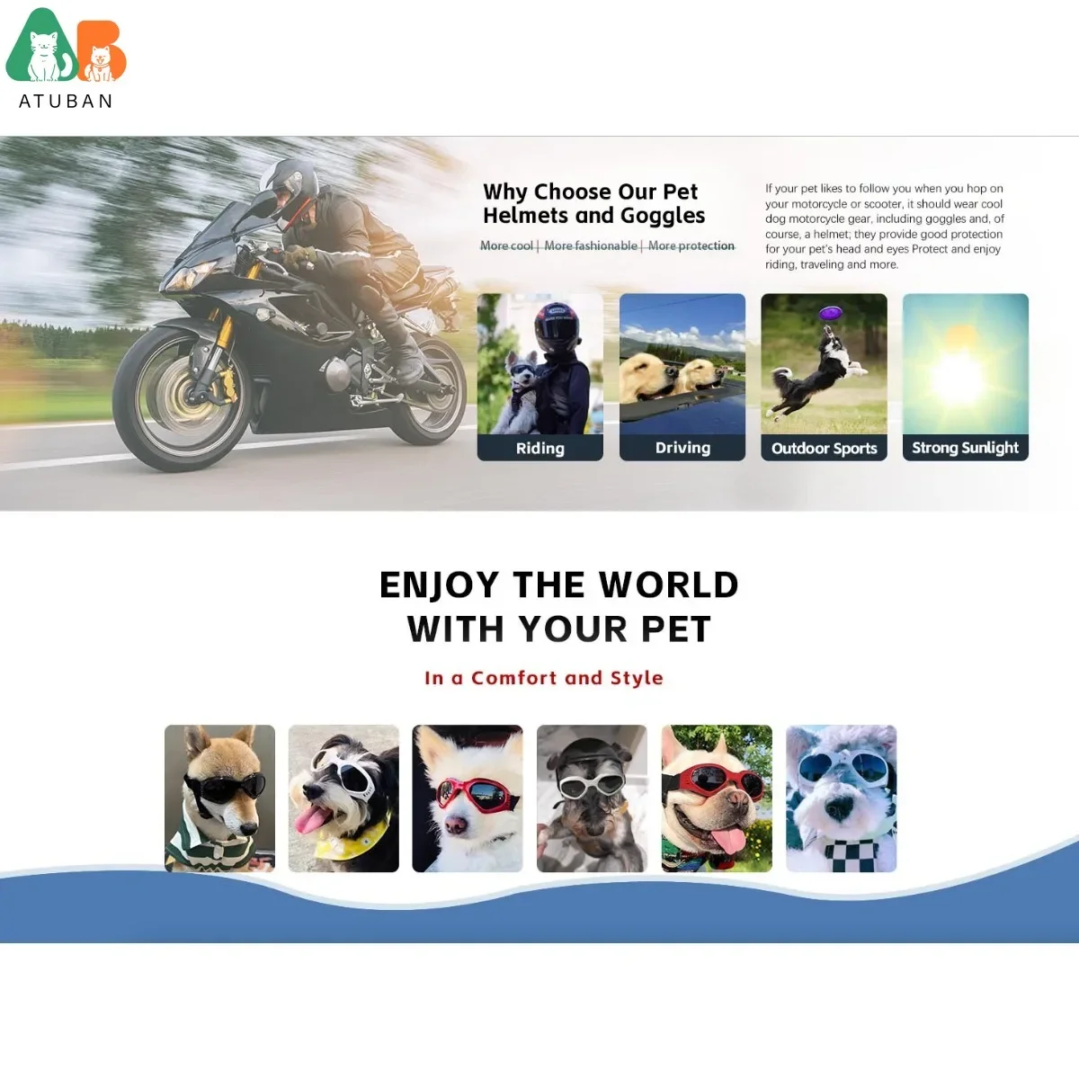 ATUBAN Cool Pet Casco de motocicleta: gafas ligeras y diseño de orificios para las orejas, protección elegante para perros pequeños, montar y conducir - imagen 4