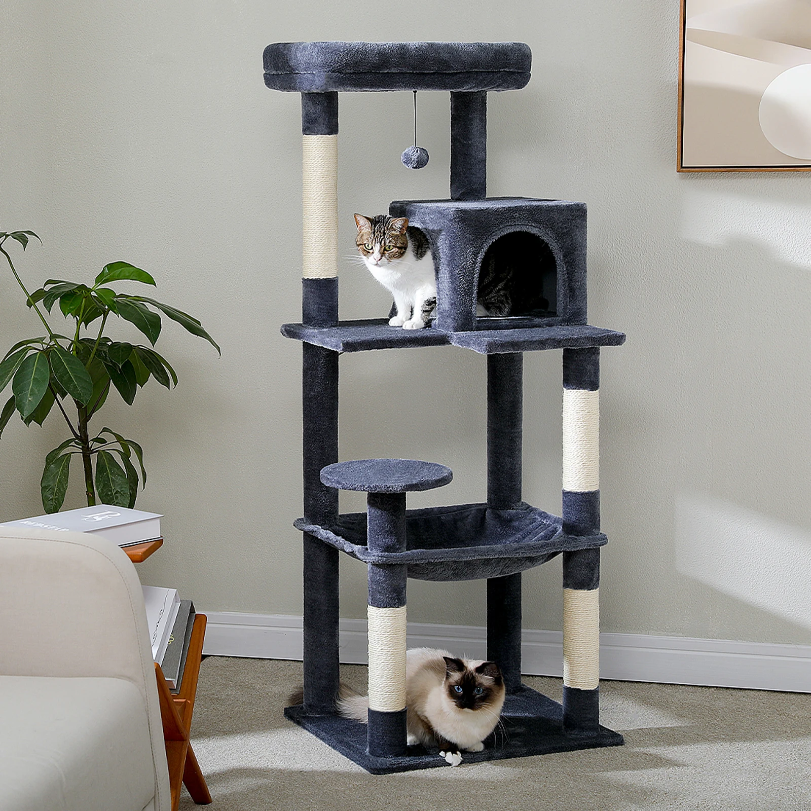 Torre de árbol para gatos gris oscuro con percha superior, postes rascadores naturales, pompón interactivo, hamaca y condominio acogedores, muebles para gatos, juguetes para gatos