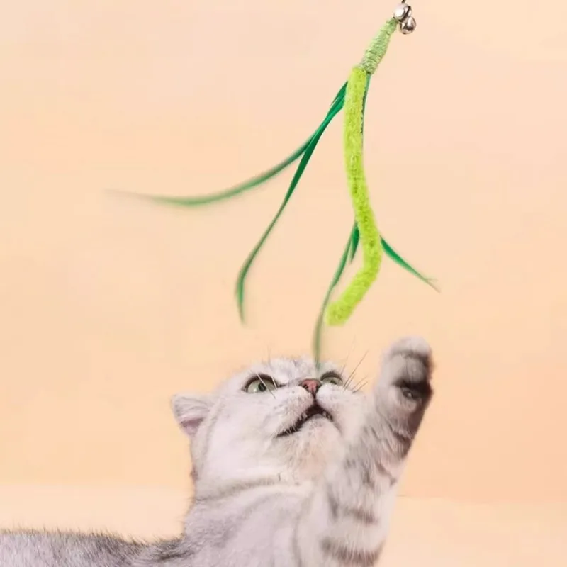 Cola de perro hierba gato palo de burlas juguetes de plumas para mascotas varilla larga juguetes interactivos de mano para gatito con campana - imagen 2
