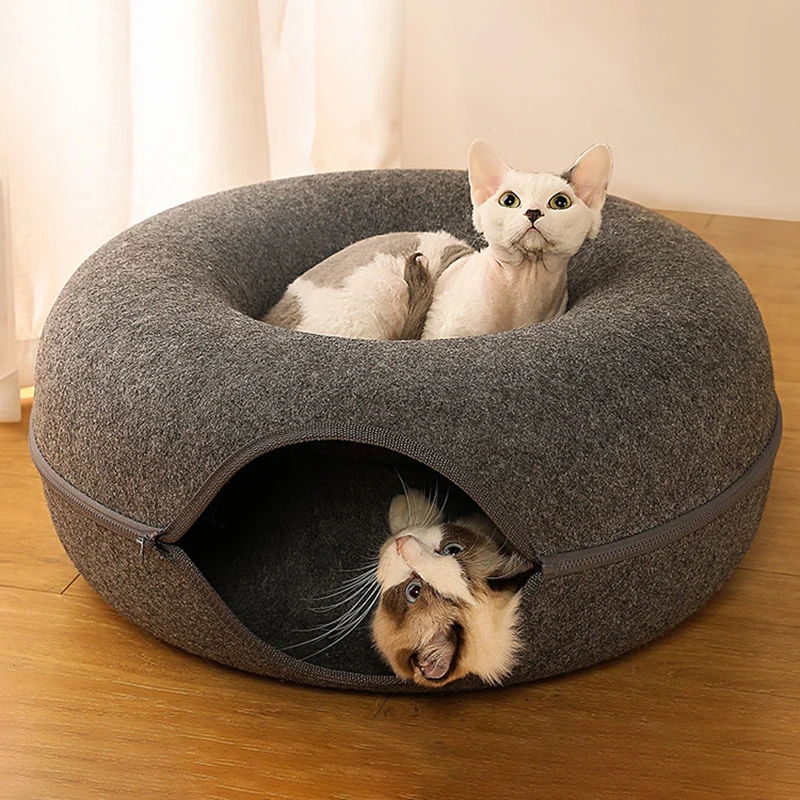 Cama de Donut para gatos, juguetes de túnel para gatos, cesta de casa para gatitos, juguetes interactivos para gatos, nido de cueva de conejo de fieltro Natural - imagen 3