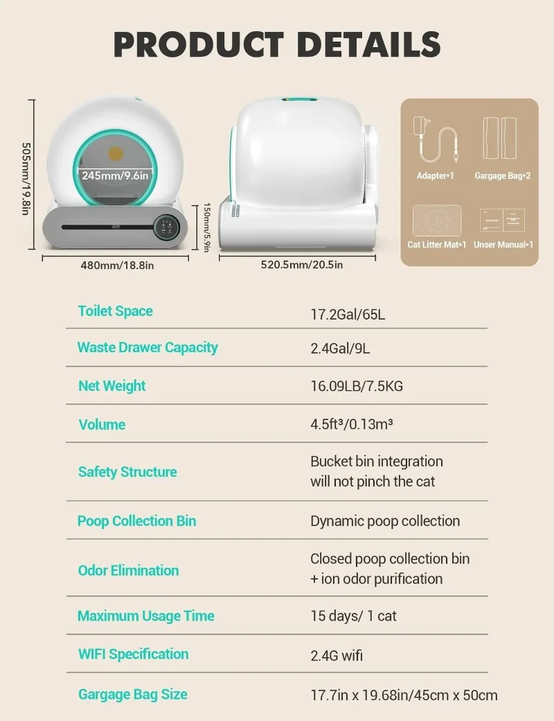 Tonepie 65L Automatic Smart Cat Litter Box Self Cleaning Fully Enclosed Cat Litter Box Pet Toilet Litter Tray - imagen 3