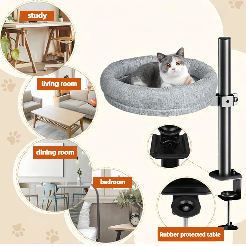 Cama suspendida de escritorio para gatos 360 ° Hamaca giratoria con alfombrilla suave, nido para gatos giratorio de altura ajustable para escritorios - imagen 3