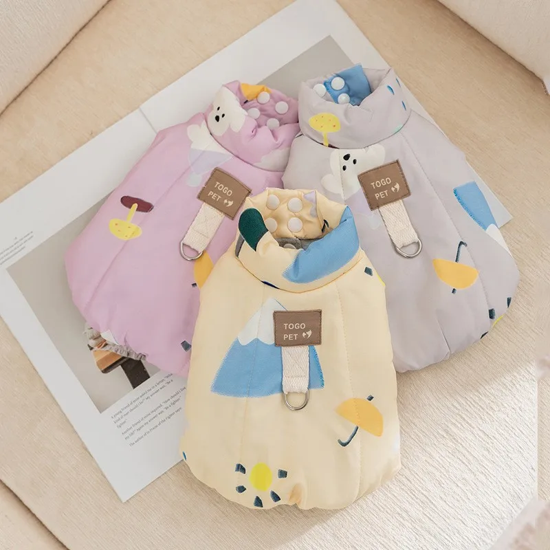 Parques de perros de otoño e invierno, chaqueta informal estampada con cuello alto, chaleco de tracción, chaqueta gruesa y cálida, ropa para perros de peluche, ropa para cachorros