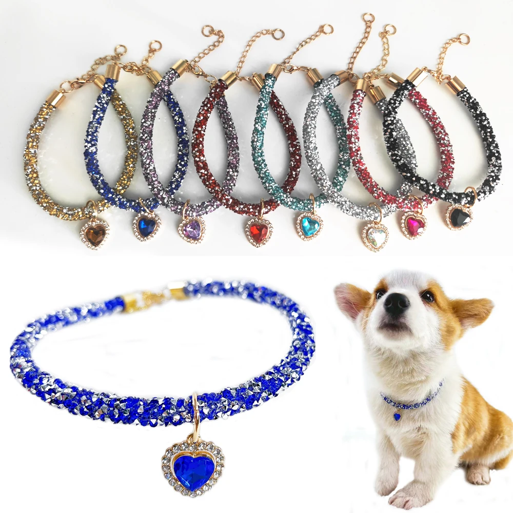 Collar suave para cachorro y gato, colgante de diamante de corazón, ajustable, de lujo, reflectante, con diamantes de imitación, de cristal, para perros pequeños - imagen 3