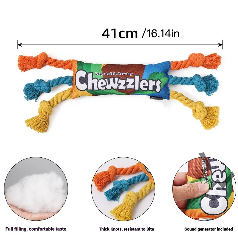 Juguete para perros de caramelo arcoíris con chirriador y cuerda duradera, juguete interactivo colorido para masticar para perros medianos, limpieza de dientes, juguete de recolección de guerra - imagen 2