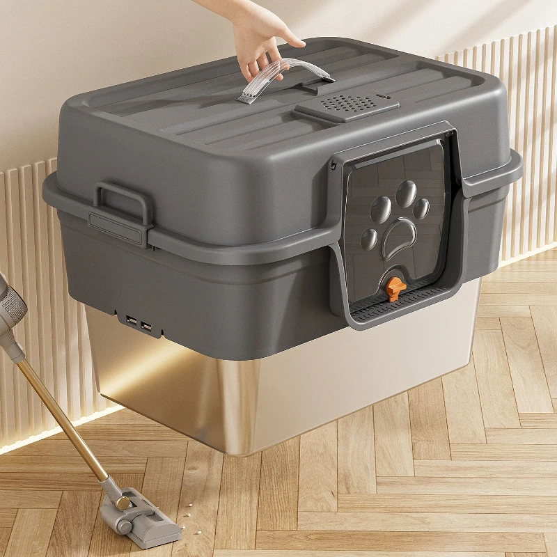 Caja de arena para gatos de acero inoxidable, inodoro grande totalmente cerrado para gatos, bandeja de arena para gatos y mascotas, suministros para mascotas y gatitos autolimpiantes - imagen 3
