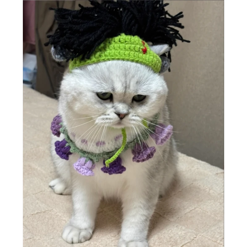 Bufanda tejida a mano con flores para mascotas, babero ajustable de punto de lana con campana para gatos y perros pequeños, accesorio fotográfico cálido para invierno