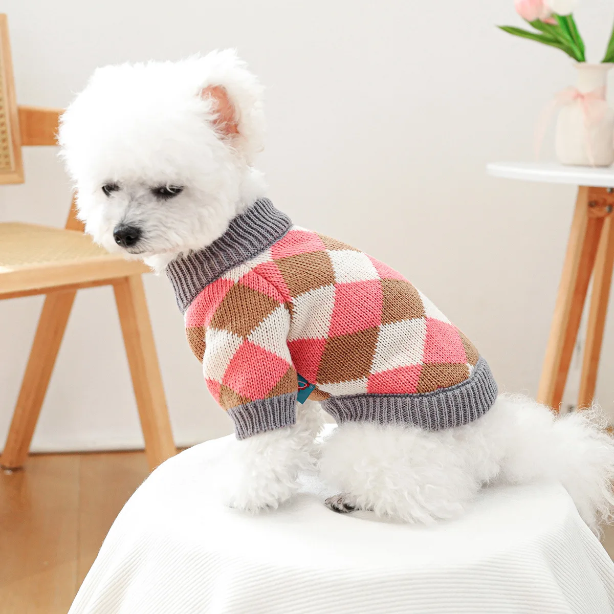 Suéter de rombos Rosa café para mascotas, ropa de invierno para cachorros y gatos, venta al por mayor, nuevo - imagen 2
