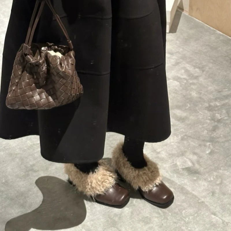 Mocasines de invierno para mujer, zapatos cálidos de invierno con cabeza cuadrada, zapatos informales de cuero de talla grande para mujer 2025 - imagen 5