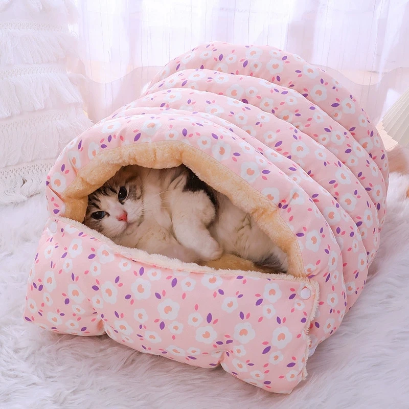 Cama para gatos cerrada y cálida para invierno, saco de dormir con forro de felpa extraíble para perros pequeños y gatos, casa para mascotas calentada con forro polar grueso - imagen 2