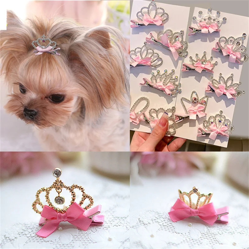 Accesorios de joyería para el pelo de mascotas, pasador de pelo de perro, corona de princesa, diamantes de imitación de cristal, flor linda, fiesta de cumpleaños - imagen 4