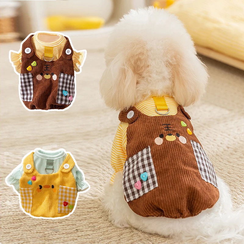 Ropa para perros pequeños de peluche con entramado, mono amarillo, chaleco para cachorros de oso de dibujos animados, sudadera de otoño, monos para Gato de Bulldog Francés