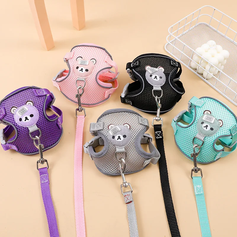 Conjunto de arnés y correa de malla de nailon para mascotas, chaleco reflectante ajustable con patrón de oso de dibujos animados para perros pequeños, cachorros y gatitos - imagen 2