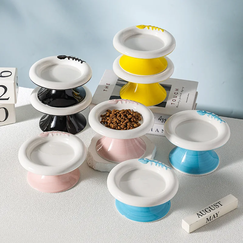 Cuenco de cerámica para mascotas de pie alto y bajo, diseño en forma de flor, alimentador poco profundo antirretorno para accesorios para perros y gatos - imagen 5