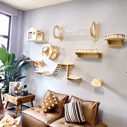 Plataforma de salto de madera, marco de escalada para gatos montado en la pared, hamaca para gatos, poste para rascar gatos, estante para cuencos para tres gatos