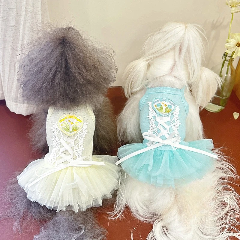 Vestido para mascotas Primavera/Verano para gatos/perros, lazo de encaje con tirantes, falda de malla de princesa Pong, vestidos para perros pequeños, ropa para cachorros - imagen 3