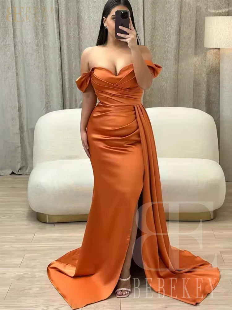 BEBEKEY Vestido de dama de honor de satén con hombros descubiertos para mujer, color naranja, con abertura lateral, vestido Formal de noche personalizado para fiesta de boda
