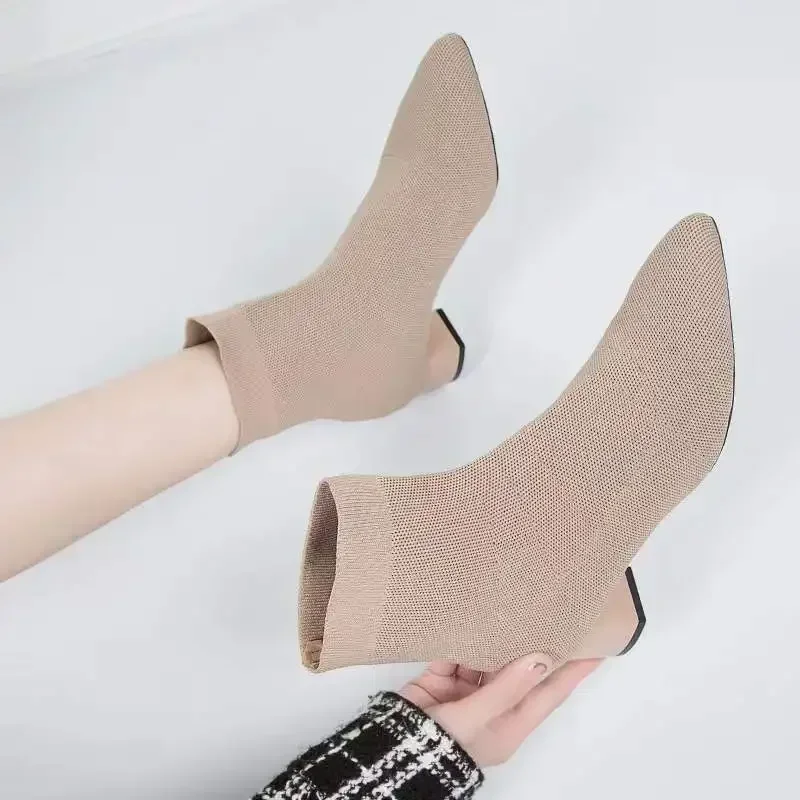 Woman Knitted Ankle Boots 2023 Autumn Winter Women‘s Casual Low Heel Pumps Ladies Outside Shoes Female Casual Chelsea Boots - imagen 3