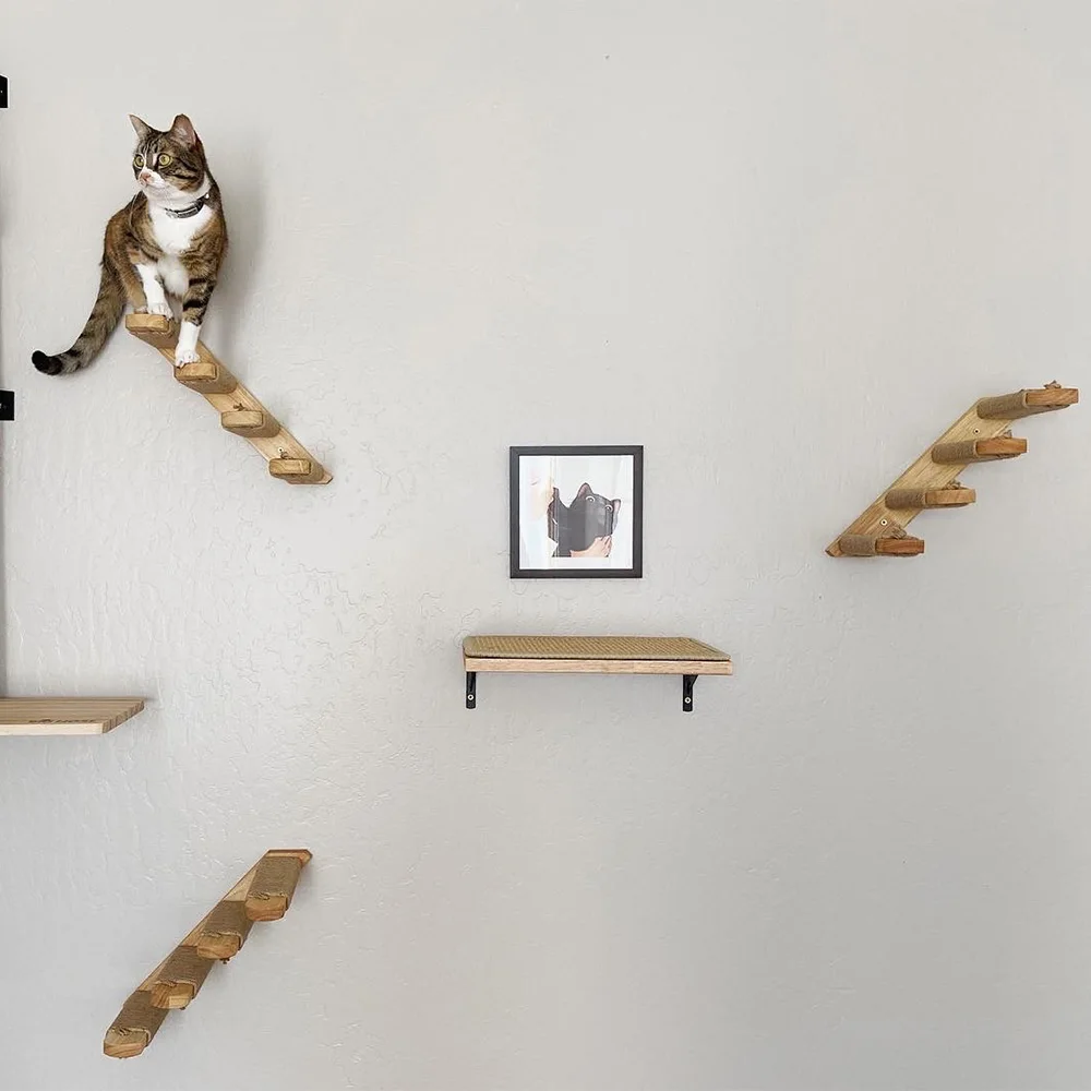 Sistema de escalada para gatos montado en la pared con estantes de madera, escaleras y perchas, muebles de pared para gatos para escalar, descansar y jugar - imagen 5