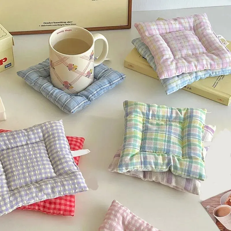 Posavasos de algodón hecho a mano de estilo coreano, almohadilla aislante con patrón a cuadros, manteles individuales, decoración del hogar, accesorios de cocina - imagen 2