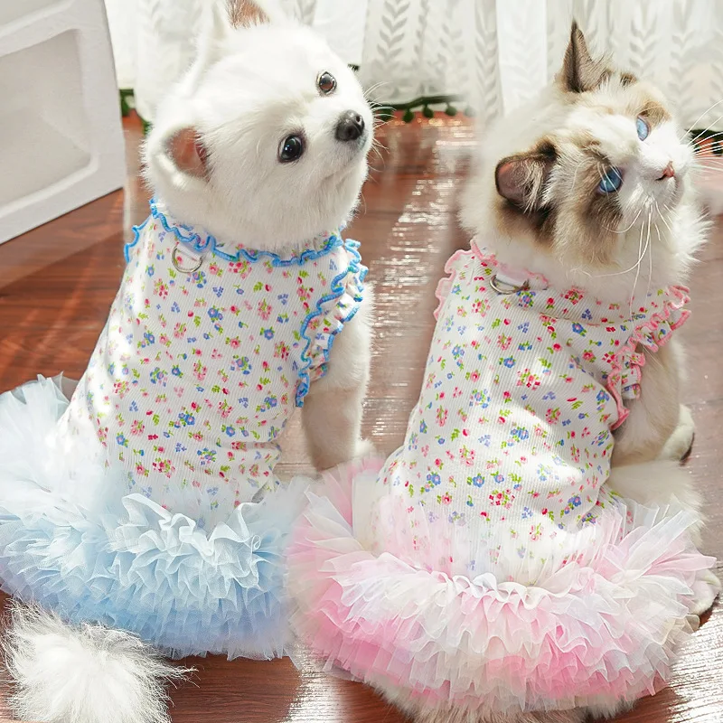 Vestido de malla floral bordes enrollados para gatos y perros pequeños - imagen 4