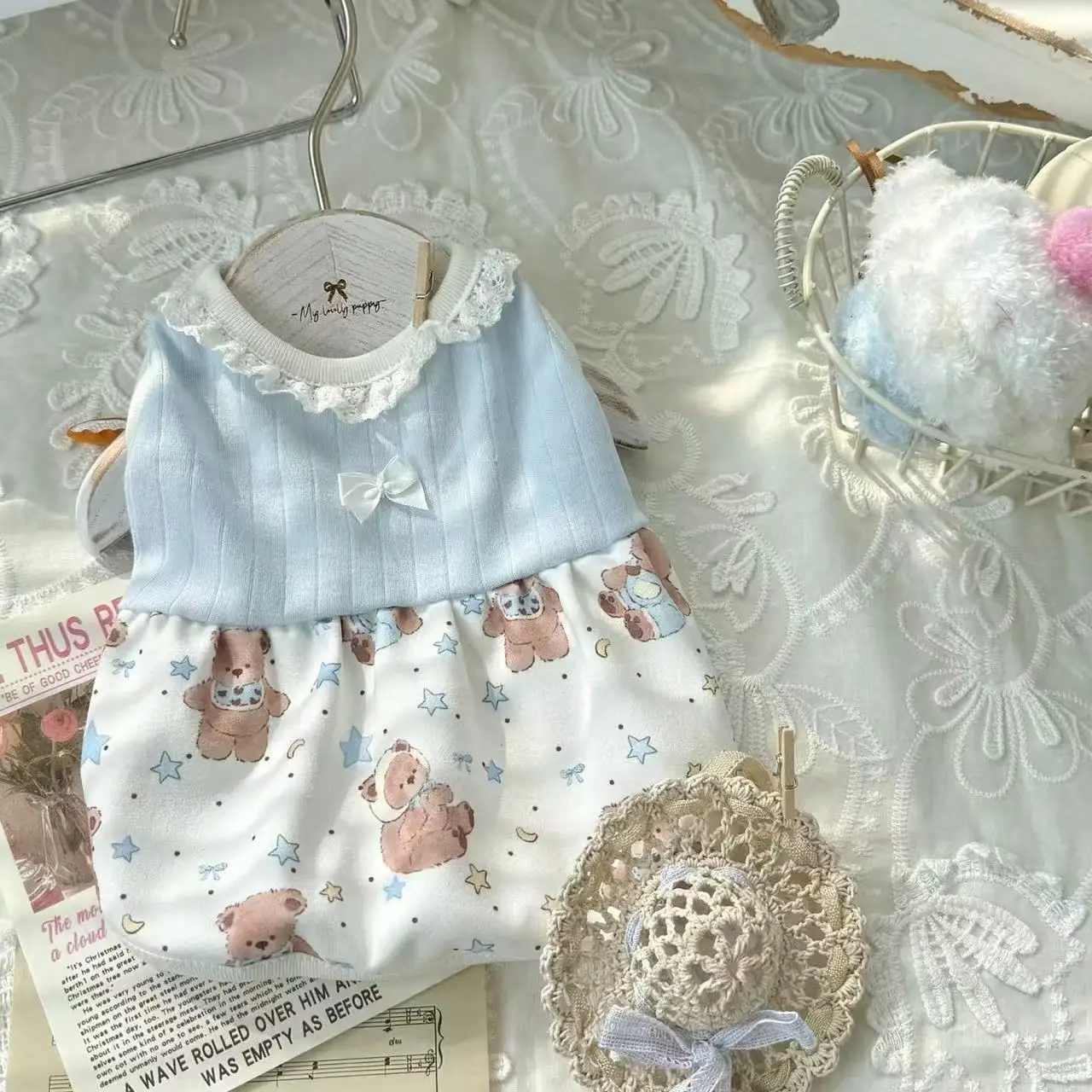 Animal de compagnie Otoño/Invierno oso encaje empalme camisa inferior Teddy mascota gato camiseta sin mangas falda ropa para cachorros vestidos para perros pequeños - imagen 2