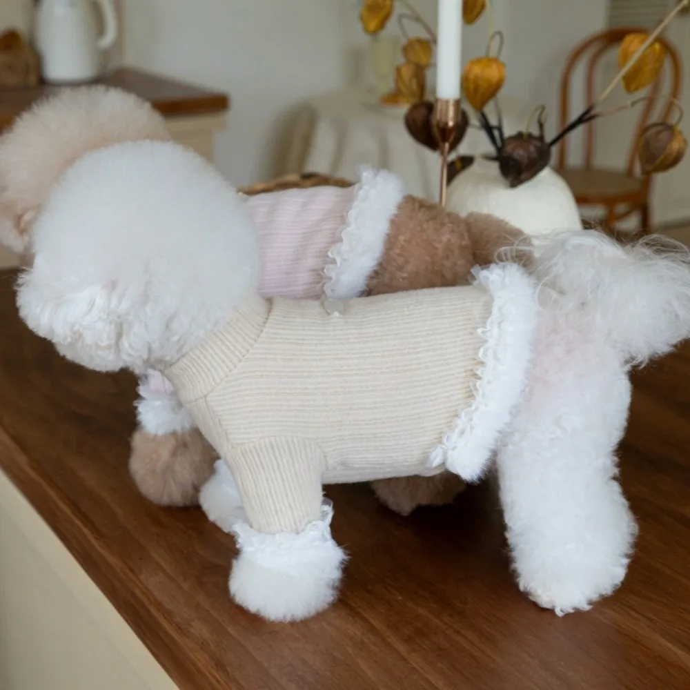 Suéter de cuello alto de felpa para otoño/invierno para mascotas, puños de pelo de conejo de encaje cálido, suéter Base de peluche para gatos, ropa para perros pequeños - imagen 5