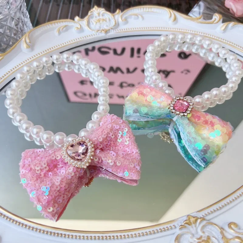 Collar de lazo con purpurina para mascotas, Collar de perlas dulces para gatos, lazo para el cuello para perros pequeños, accesorio para fotos, pajarita para perros, accesorios para mascotas - imagen 3