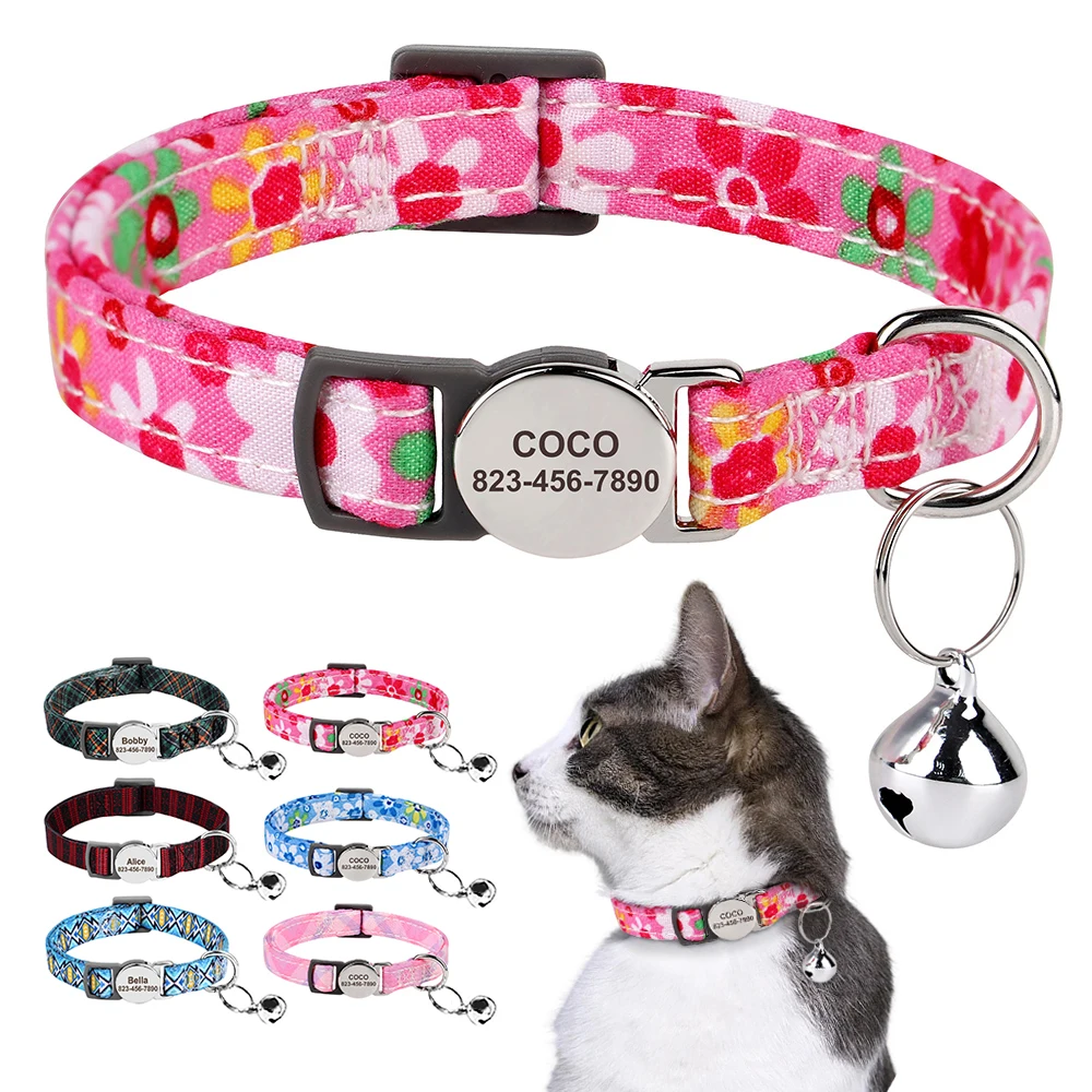 Collar de gato personalizado, collares de seguridad antipérdida para cachorros y gatos, collares de primavera con hebilla de seguridad para perros pequeños y gatos, regalo con campana gratis