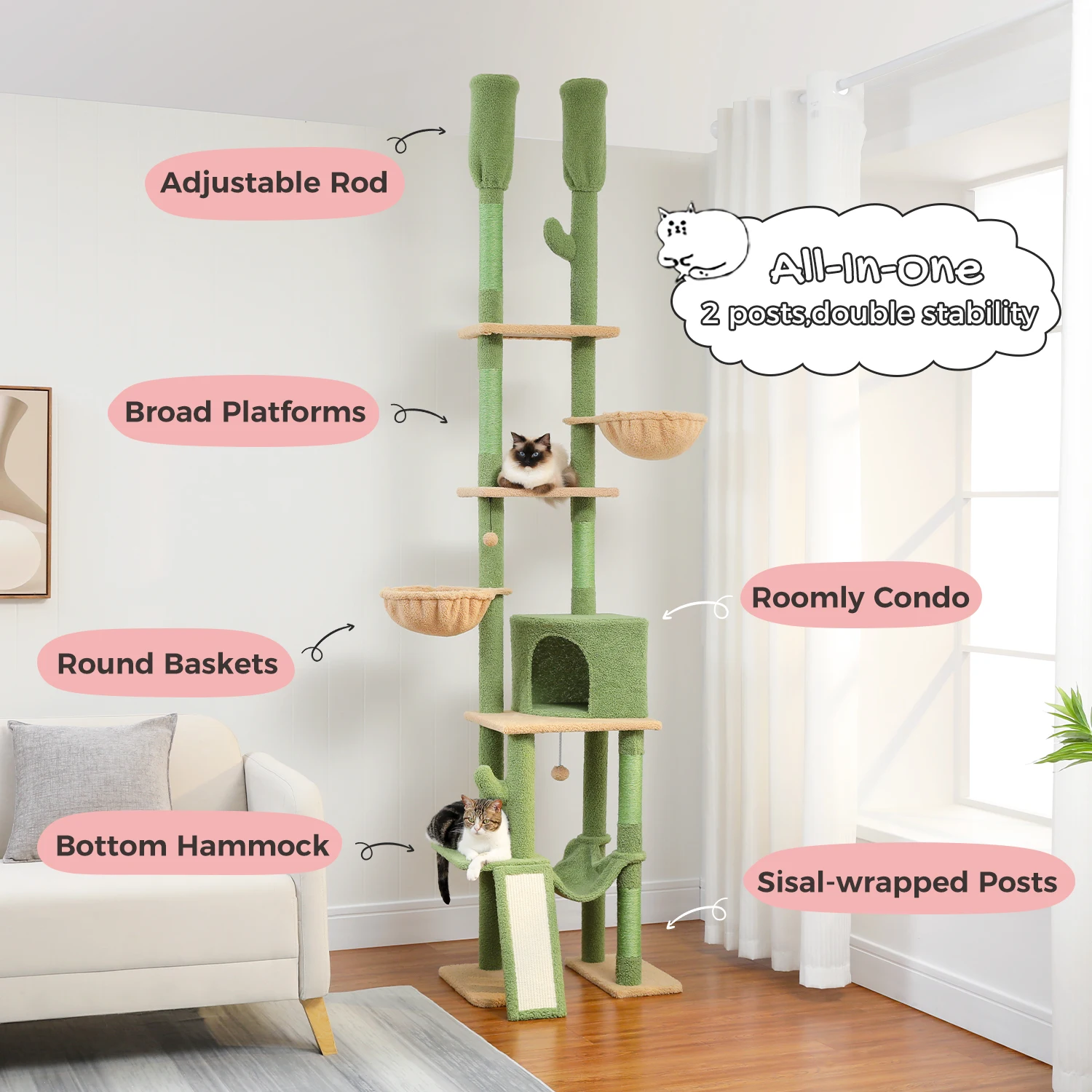 Árbol para gatos de piso a techo para interiores, torre para gatos alta de altura ajustable con poste rascador de sisal, condominio acogedor con hamaca, rascadora para gato, juguetes para gatos - imagen 2