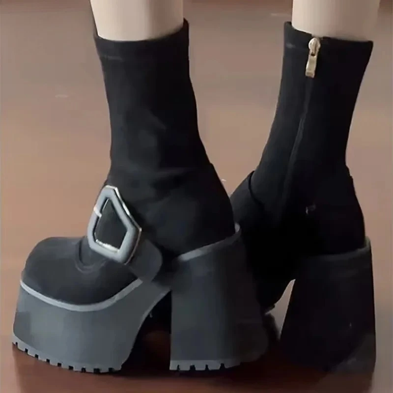 Botines de moda con bloqueo de Metal para mujer, botas de caballero con manga de refuerzo y plataforma que combinan con todo, tacón Ultra alto, primavera 2025 - imagen 4