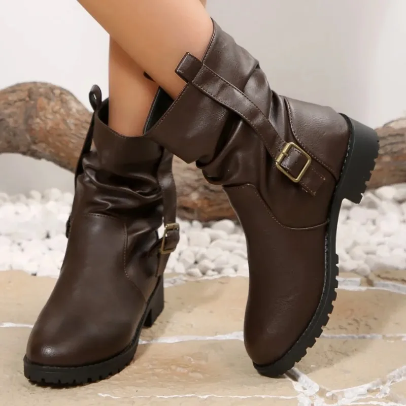 Botas de moto de estilo Retro para mujer, botines cortos ajustados a la moda para invierno y otoño, informales, con punta redonda y tacón medio - imagen 3
