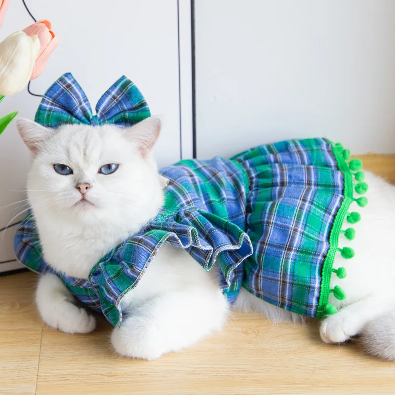 Vestido de Navidad para mascotas, ropa con lazo a cuadros para perros pequeños y cachorros, Otoño e Invierno - imagen 2