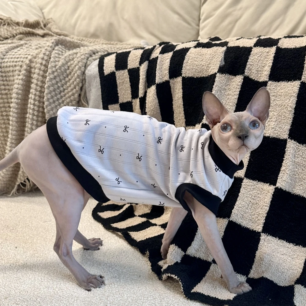 Ropa para un gato Manga corta Abrigo de algodón para Sphynx Cat Verano Camiseta con lazo gris para gatitos Perros Pijama suave y dulce para gato - imagen 2