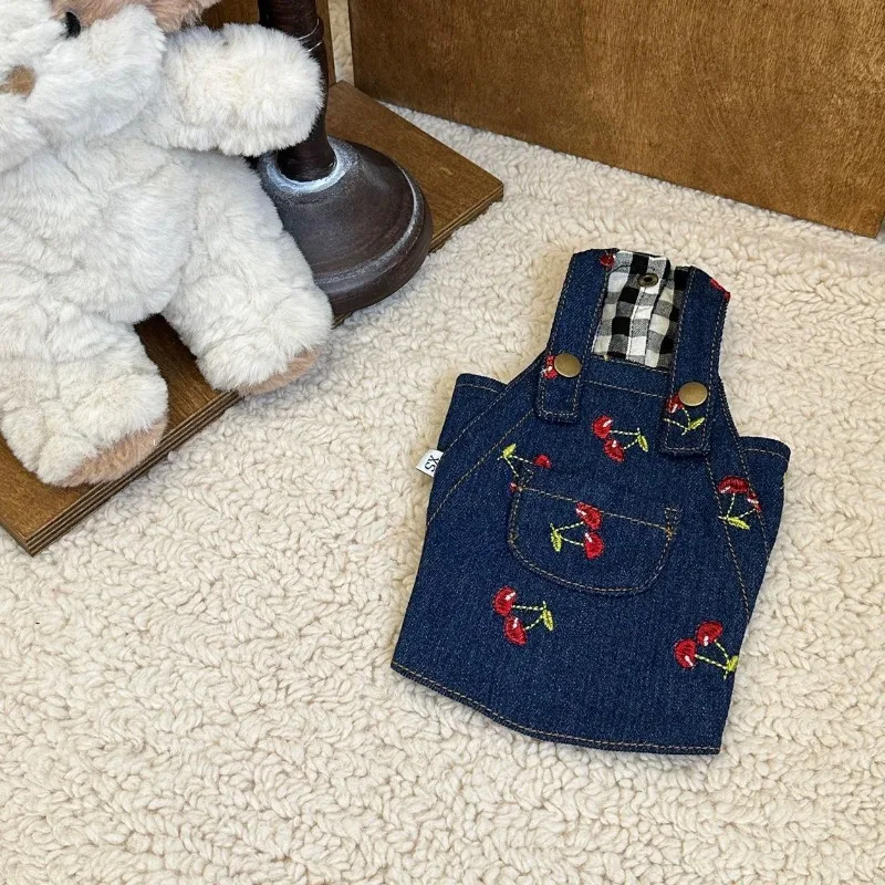 Ropa de mezclilla de cereza para mascotas, falda de cachorro, vestido de tirantes de mezclilla, vestido de peluche de calabaza para perros pequeños, cuatro estaciones - imagen 3