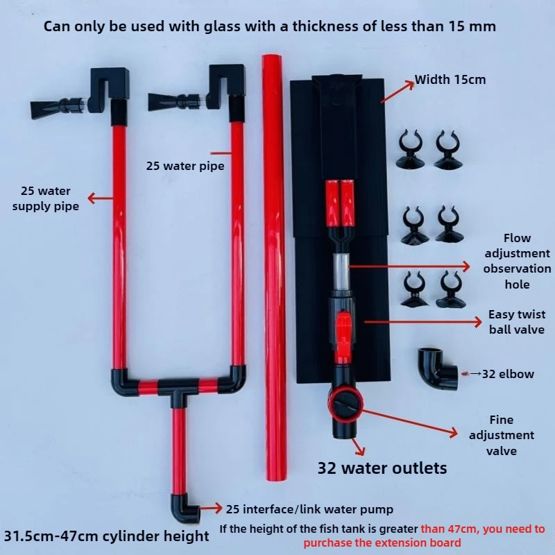 Mochila de sifón ultrafina para pecera, Kit de accesorios de montaje de tubería de agua, filtro de tubería de agua superior e inferior antidesbordamiento, juego completo