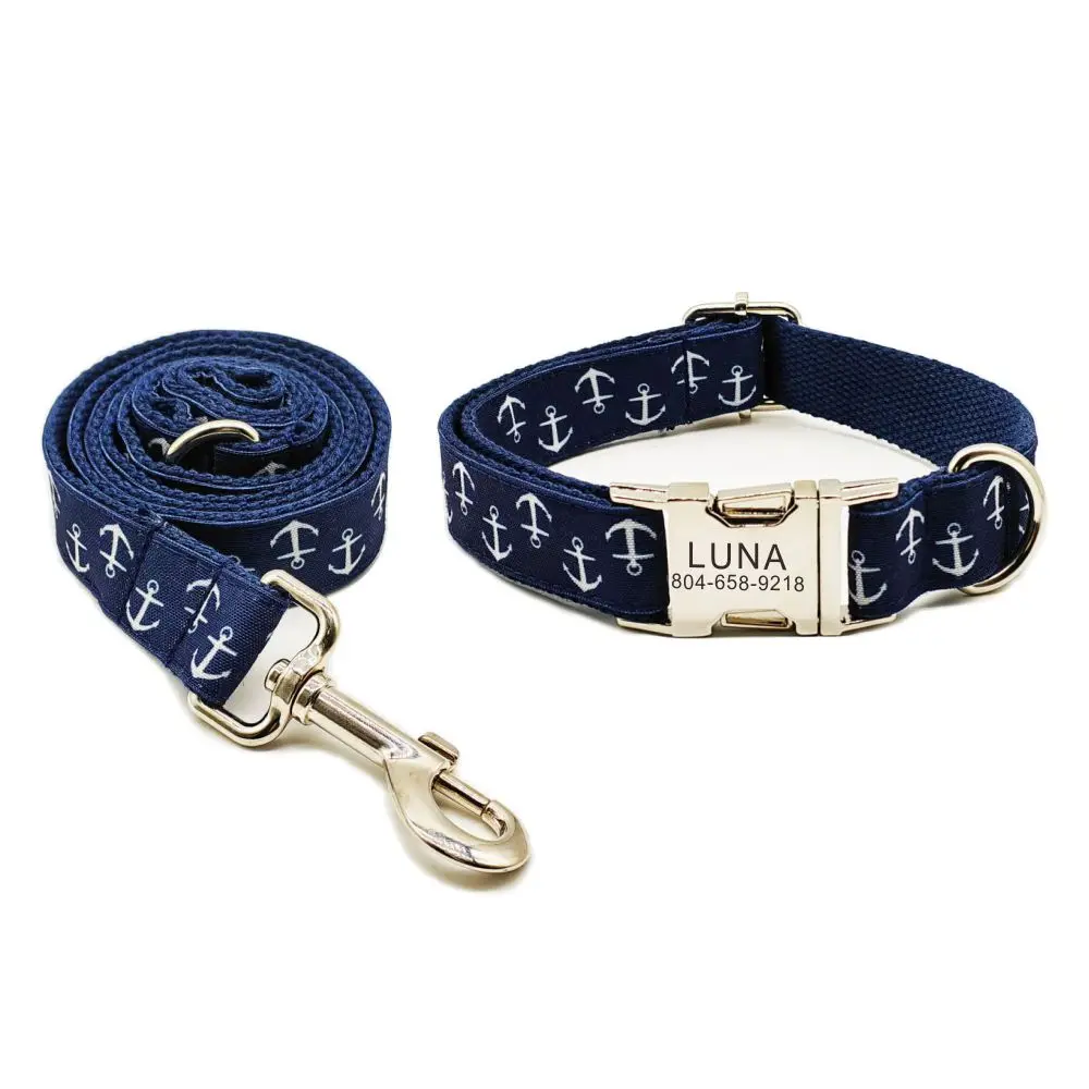 Collar de perro personalizado con grabado gratuito, correa para mascotas a juego, hebilla de Metal de contactos personalizados, Collar para mascotas con ancla azul marino