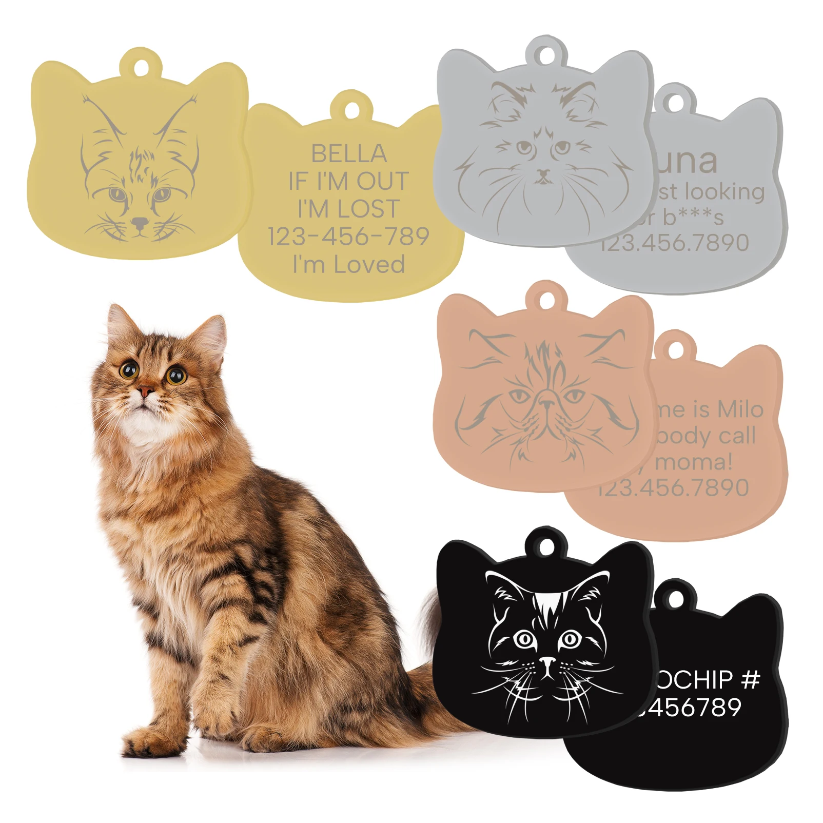 Etiquetas de identificación personalizadas para mascotas, accesorios para Collar con cara de gato, etiquetas de nombre, colgante de Collar de identificación, etiqueta antipérdida grabada gratis personalizada