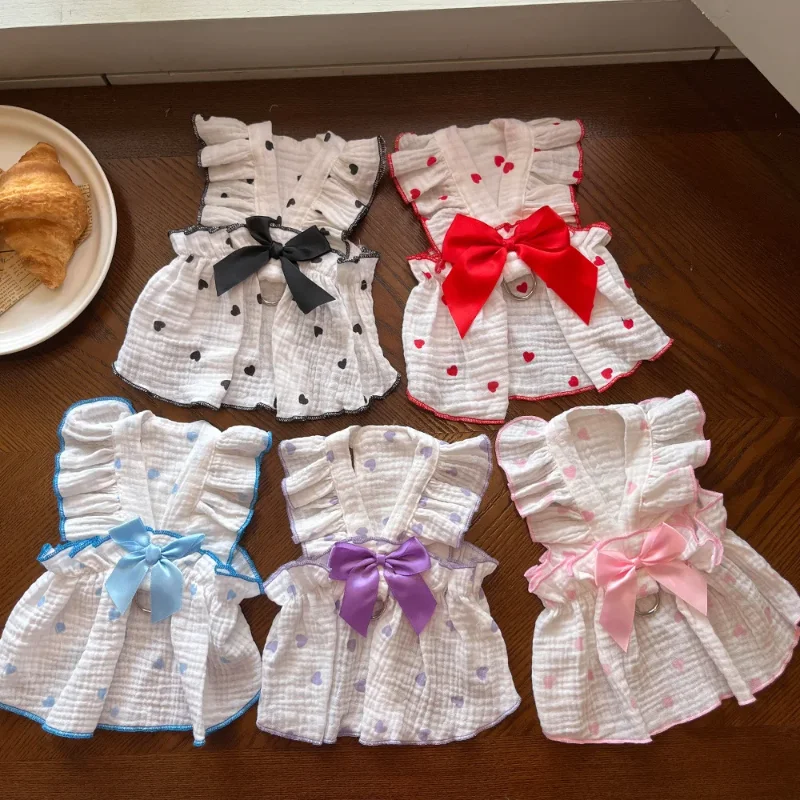 Ropa de princesa para perros, bonito vestido con lazo y estampado de corazón para cachorro Chihuahua, falda dulce, vestido de algodón para niña, disfraz para mascota perro - imagen 4