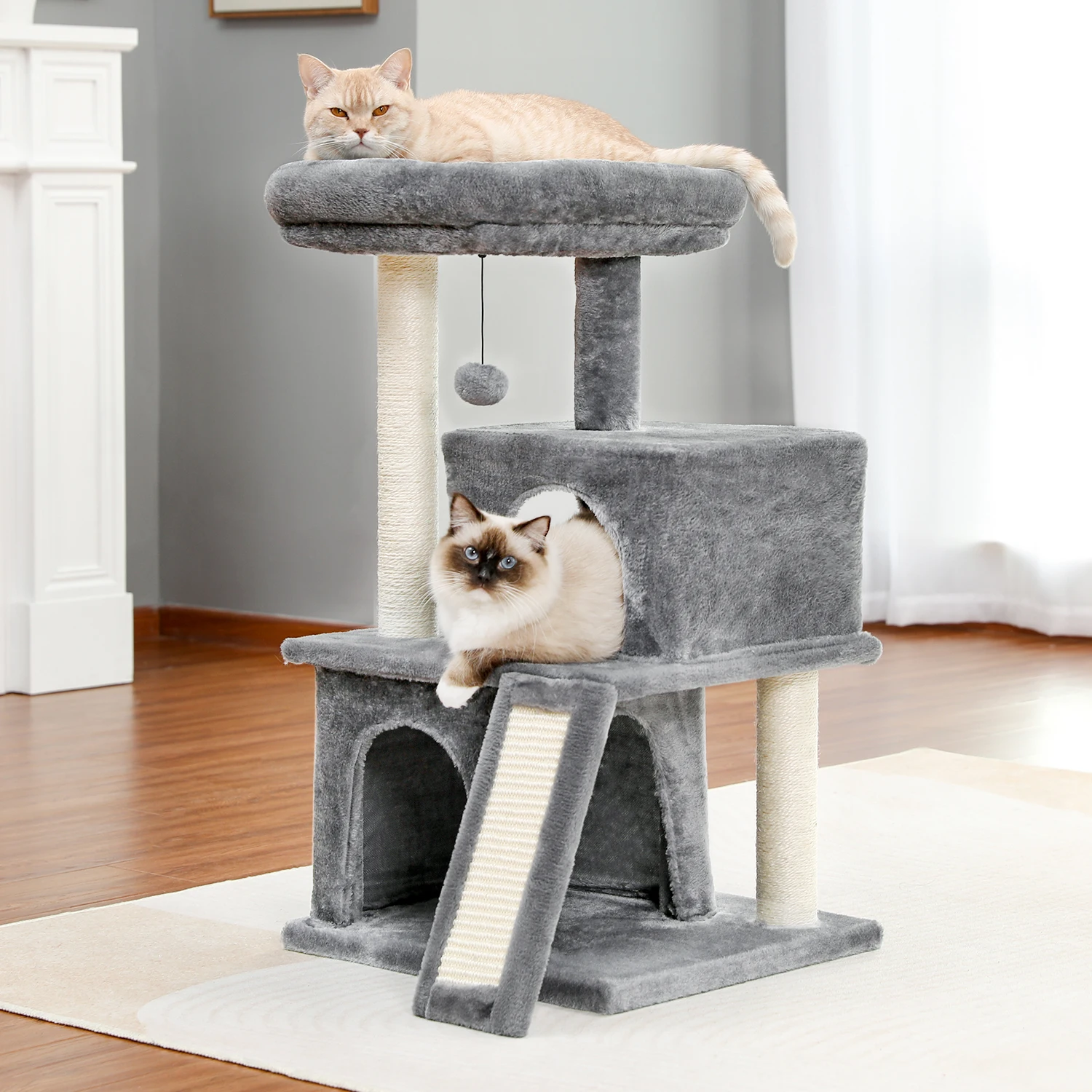 Árbol para gatos, torres de lujo para gatos con dos condón, perca espaciosa, hamaca para gatos, poste de Sisal para rascar completamente envuelto y bolas colgantes - imagen 2
