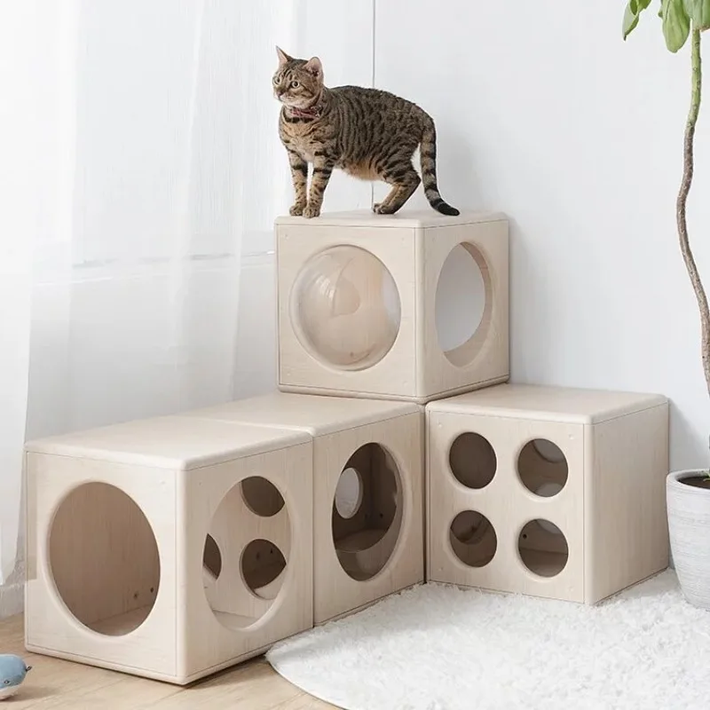 Casa de gato semicerrada de madera, combinación de bloques de construcción, productos DIY, marco de escalada para gatos, nido, túnel, laberinto, rascadores espaciales - imagen 2